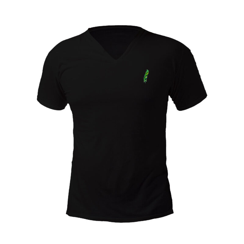 Green Feather Embroidered V-Neck T-Shirt